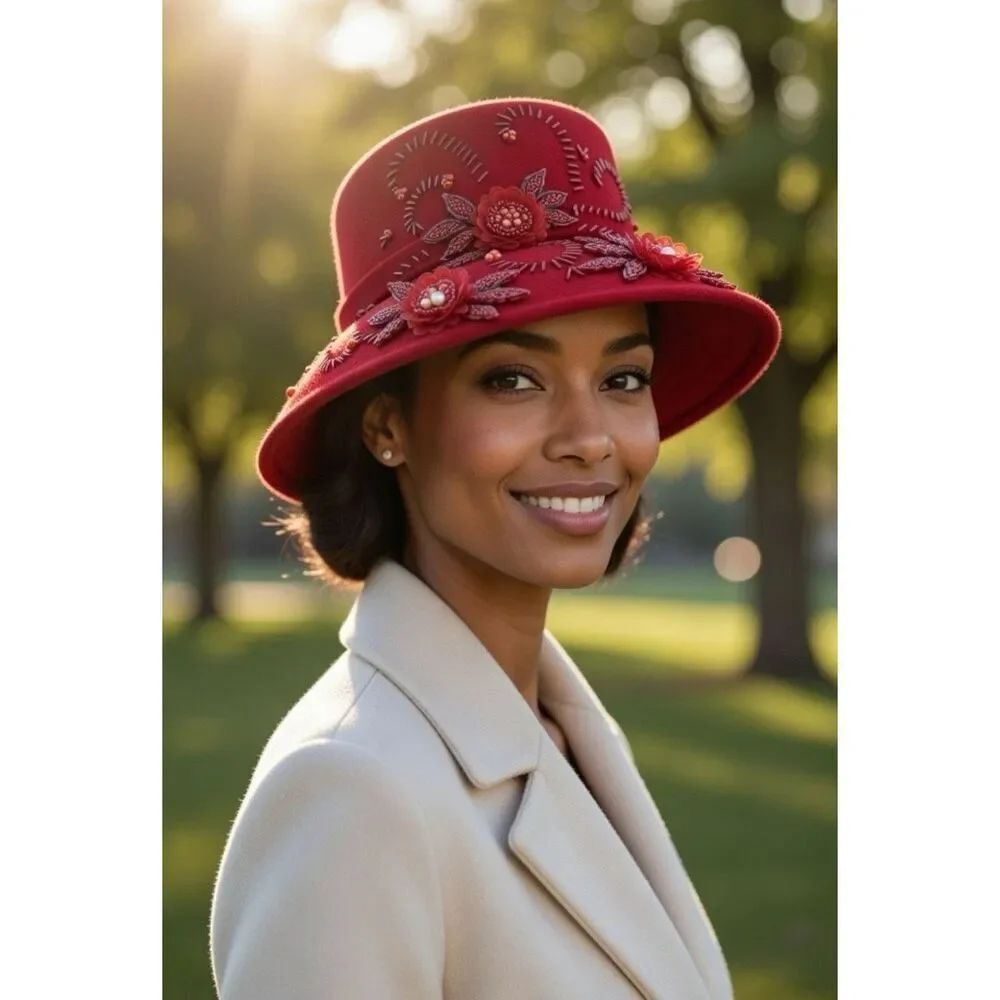 Red Beaded Bucket Top Hat Kentucky Derby Wedding Costume Coronation Something SS